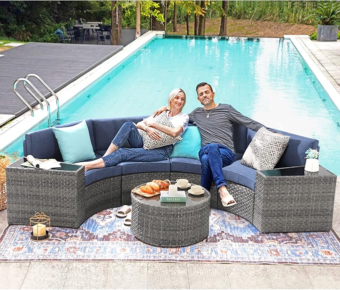 SUNSITT Outdoor Patio Furniture Sectional 7-Piece Half-Moon Curved Outdoor Sofa Set with Round Coffee Table, 4 Pillows & Waterproof Cover, Grey Rattan & Denim Blue Cushion