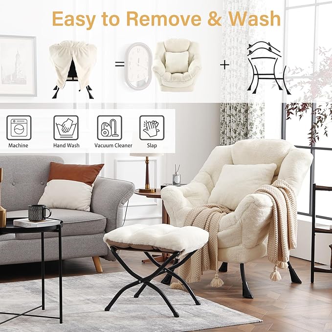 Lazy Chair with Ottoman, Large Lvory Accent Chair with Ottoman and FA Throw Pillow, Comfy Plush Reading Chair for Living Room Bedroom Dorm Room Office Apartment Relaxing Use