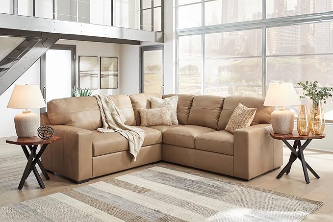 Signature Design by Ashley Bandon Modern Leather Match Right-Arm Facing 2-Piece Sectional with Removable Cushions and Armrest, Light Brown