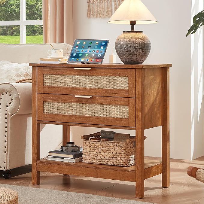 LEYAOYAO 31.5" Wide Rattan Night Stand, Large Boho Nightstand, Bedside Table with Storage, Tall Bed Side End Tables, Chest of Drawers for Bedroom, Living Room, Hallway（Tea,2 Drawers with Charger,2） - Image 6