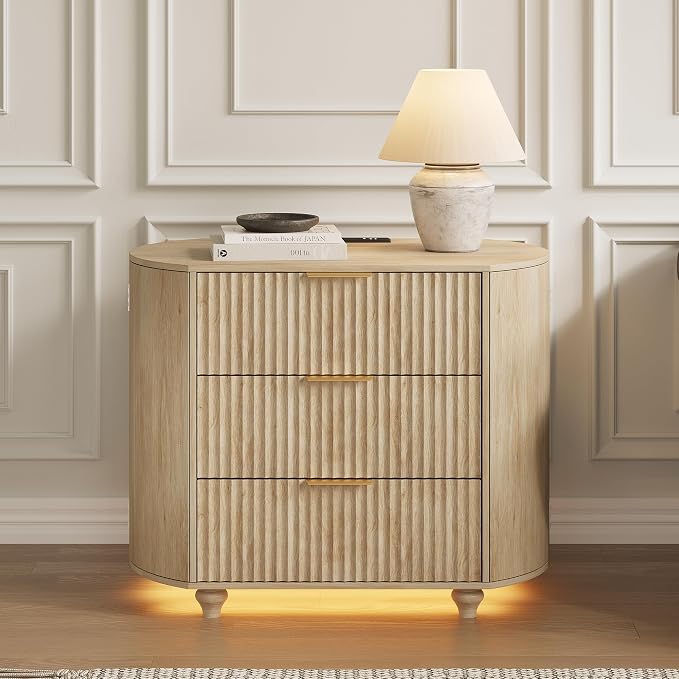 31.5" W Oval Fluted Nightstand with LED Lights & Charging Station, Modern Night Stand with 3 Sliding Drawers & 2 Side Storage, Large Bedside Table, Wood End Side Table for Bedroom (Oak) - Image 8
