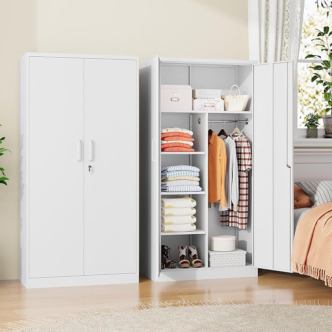 Metal Armoire Wardrobe Closet,72" Metal Storage Cabinet with Lock, 18" D x 36" W Broom Closet with Adjustable Shelves and Hanging Rods, Steel Wardrobe for Home,Bedroom,Office,Employee