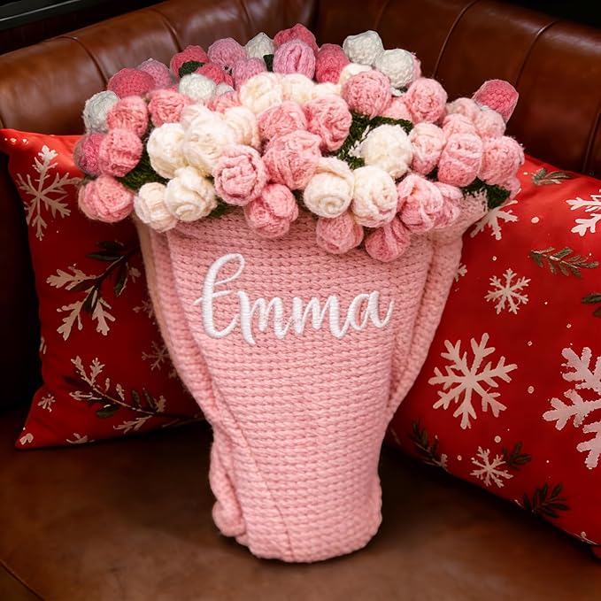 Personalized Handmade Crochet Rose Flower Blanket Bouquet – Custom Name Gift for Mother's Day, Valentine’s Day, Mom or Girlfriend（Pinkish White）