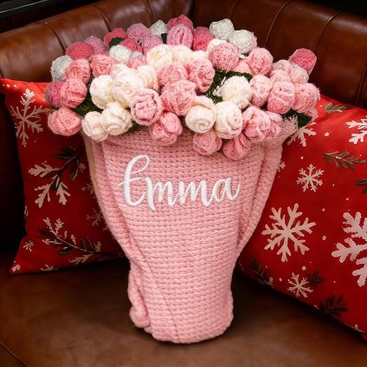 Personalized Handmade Crochet Rose Flower Blanket Bouquet – Custom Name Gift for Mother's Day, Valentine’s Day, Mom or Girlfriend（Pinkish White）