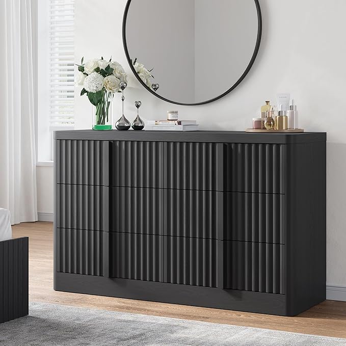 Fluted Dresser and Nightstand 4-Piece Bedroom Set, 47" Wide 6-Drawer + 49" Tall 6-Drawer Dresser and 2 of 3-Drawer Nightstand with Charging Station, Modern Bedroom Dressers Sets, Hallway, Black