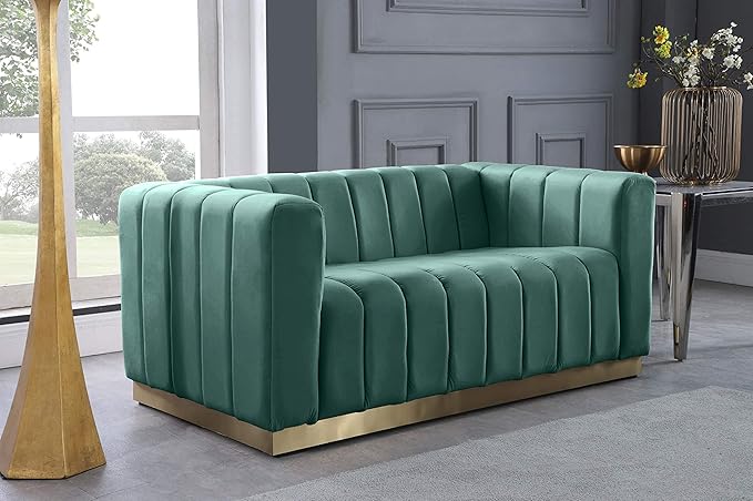 Meridian Furniture 603Mint-L Marlon Collection Modern | Contemporary Velvet Upholstered Loveseat with Deep Channel Tufting, Stainless Steel Base in a Brushed Gold Finish, Mint, 62.5" W x 34" D x 28" H