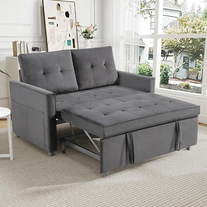 Rovibek 3-in-1 Velvet Sleeper Sofa Bed, Convertible Pull Out Couch for Living Room with Adjustable Backrest, Side Pockets, Velvet Fabric Loveseat Sofa for Apartment, Grey