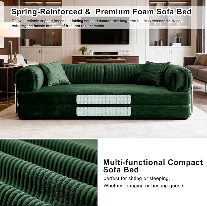 78 Inch Folding Convertible Sofa Bed, 4-in-1 Oversized Cloud Corduroy Upholstered Boneless Couch, Loveseat Sleeper with Pull Out Bed, Modular Futon Floor Sofa Couch for Living Room Bedroom Lounge