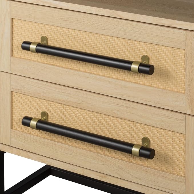 Sophia 2-Drawer Nightstand in Natural Oak Look with Rattan Panels and Minimalist Black Metal Frame- Perfect Bedroom Storage for Small Spaces, Large Suites, or Living Rooms - Image 4