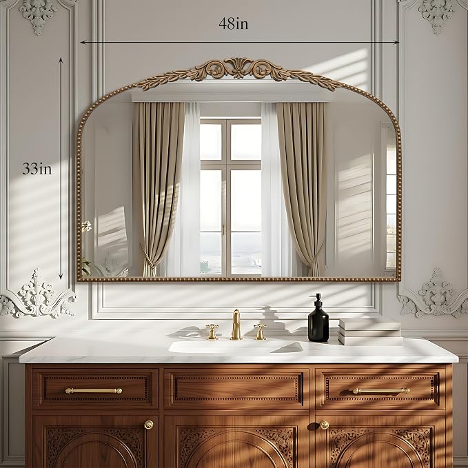 Besdomus Gold Large Fireplace Mirror: 48"x 33" Baroque Vintage Arched Mirror - Traditional Ornate Antique for Bathroom/Vanity/Mantel/Bedroom/Entryway/Hallway - Home Decor for Living Room - Image 4