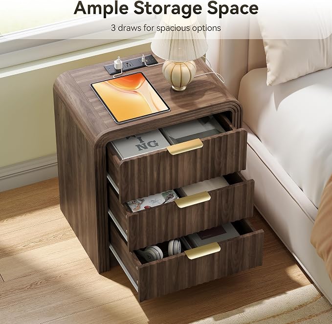 Decofy Fluted Nightstand with Charging Station, Modern Bedroom Side Table with Gold Handles, Curved Profile Design, End Table Wood Organizer for Bedroom, 19.7" & 3 Drawers (2 Pack, Walnut) - Image 5