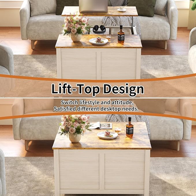 Lift Top Coffee Table with Storage, 31.5" Farmhouse Coffee Tables with Wooden Lift Tabletop and Hidden Compartment Square Center Table for Living Room, Home Office Small Space, White