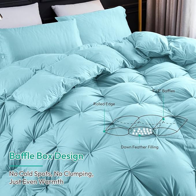 Three Geese Pinch Pleat Waterfowl Feathers and Down Comforter King Size Duvet Insert,750+ Fill Power,1200TC 100% Cotton, Premium All Seasons Aqua-Sky Warm Hotel Comforter with 8 Tabs.