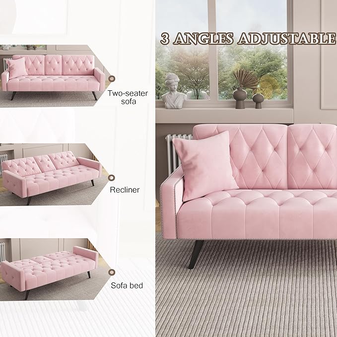 KEIKI 72" Velvet Loveseat Sofa Bed with Nailhead Accents & Tufted Backrest, 3-in-1 Convertible Sleeper with Cup Holders for Small Spaces, Pink