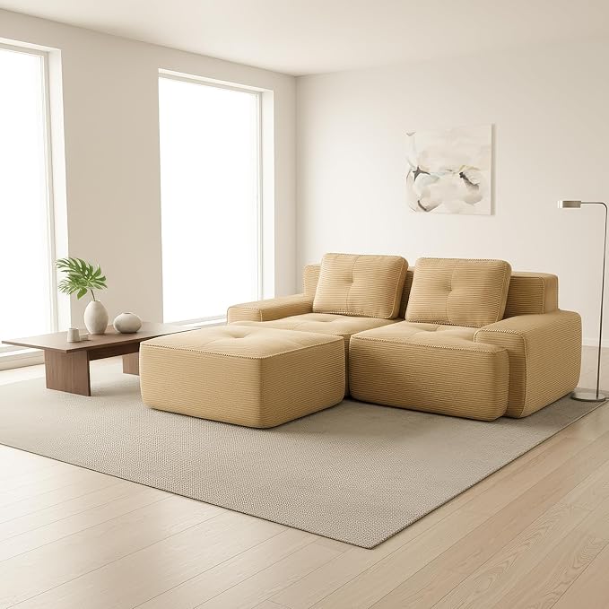 Casaphoria 80" Camel Corduroy Cloud Couch, Boneless Modular Sectional Sofa for Living Room with Deep 2-Seat & 1-Ottoman, L Shape Cloud Couch No Assembly Required