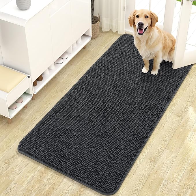 OLANLY Dog Door Mat for Muddy Paws 47x24, Absorbs Moisture and Dirt, Absorbent Non-Slip Washable Doormat, Quick Dry Chenille Mud Mat for Dogs, Entry Indoor Entryway Carpet for Inside Floor, Dark Grey by OLANLY