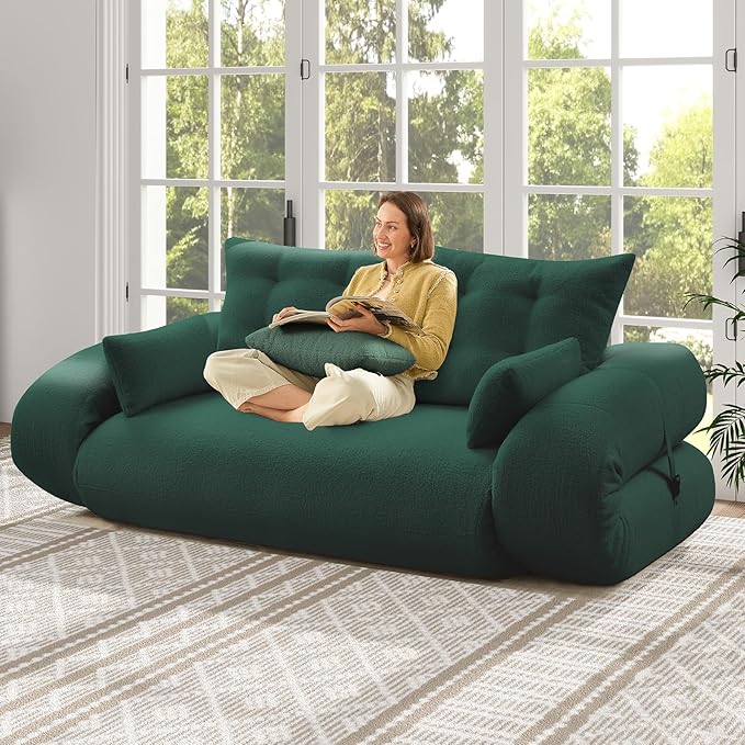 Rovibek 94" x 78" Oversized Floor Sofa with 4 Pillows, 3-in-1 Convertible Sleeper Sofa Bed, Compressed Couch in a Box for Living Room, Apartment, and Guest Roomg, Green