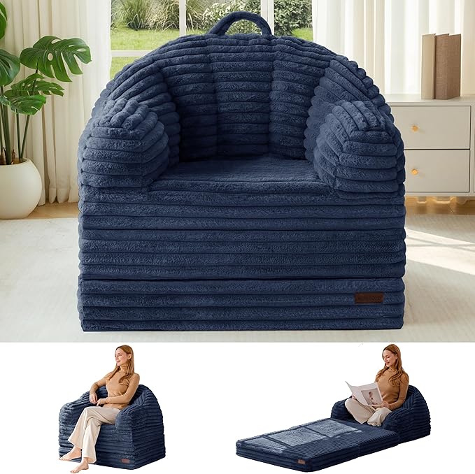 MAXYOYO Folding Sofa Bed, 2 in 1 Convertible Sofa to Lounger Comfy Faux Fur Bean Bag Chair for Adults, Floor Single Sleeper Couch Chair with Handle, Couch Bed for Living Room Bedroom, Navy