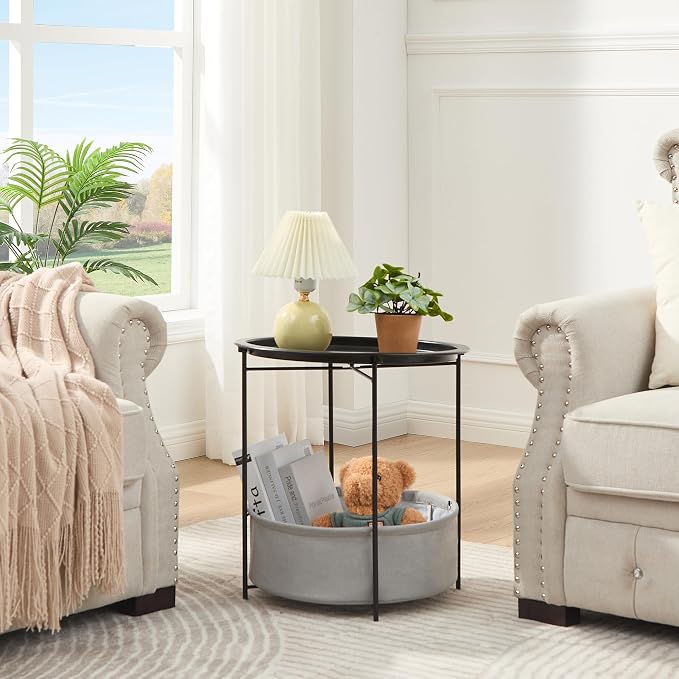 VECELO Round Side/End Table with Fabric Storage Basket，Metal Anti-Rust and Waterproof Small Bedside Nightstand with Removable Tray Top for Living Room，Balcony & Laundry，Black /2pcs with Basket - Image 4