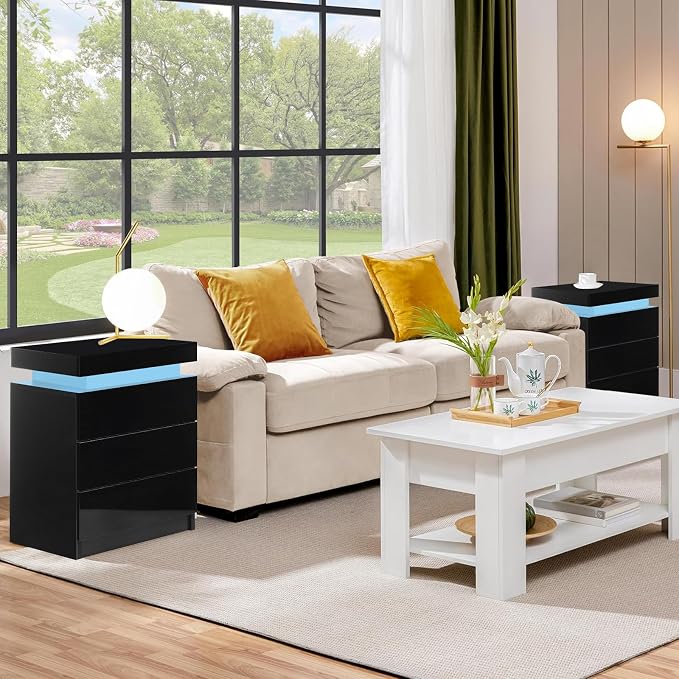 TUKAILAi Modern Nightstands Set of 2 with LED Light, Smart Bedside Table with 3 Drawers and Flip Top Storage Cabinet, High Gloss Side Table End Table for Bedroom (Black) - Image 2
