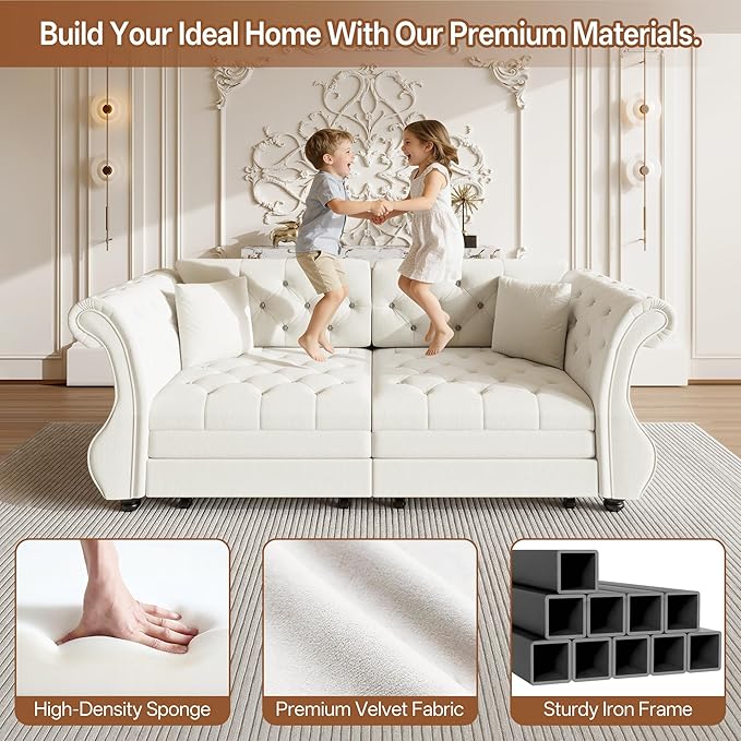 Eafurn Oversized 3-Seater Chesterfield Loveseat Convertible Queen Size Sleeper Couch Bed,Classic Tufted Velvet Pull Out Loveseat Sofa Bed with Roll Armrest and Solid Wood Legs