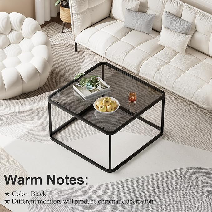 Coffee Table Glass, Minimalist Square Tables for Living Room, Modern Center Table for Office or Small Space, Sturdy Metal Frame, Easy Assembly, 26.4 x 26.4 x 15.7 Inches, Black & Grey Glass