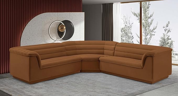 Meridian Furniture 194Saddle-Sectional Cascade Collection Modern | Contemporary Modular Sectional with Soft Saddle Velvet Fabric, Deep Channel Tufting, Curved Arms, 148" W x 80" D x 28" H, Saddle