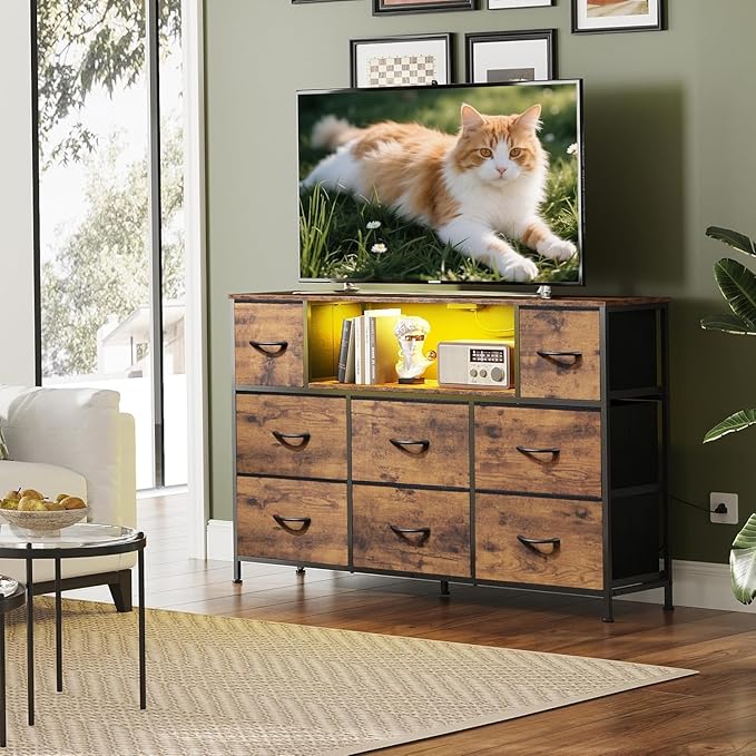 Simple Deluxe TV Stand Dresser with 8 Fabric Drawers and Open Shelves, Entertainment Center with LED Lights & Charging Station, Wood Top for 45" -55" TV, for Bedroom/Living Room/Hallway, Brown