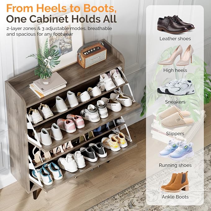 VINGLI Shoe Storage Cabinet for Entryway with 2 Flip Drawers, Ultra Slim Freestanding Entryway Shoe Organizer with Wood Tapered Legs,Hidden Closed Shoe Rack,31.6" W * 9.4" D * 39.4" H, Grey Oak - Image 4