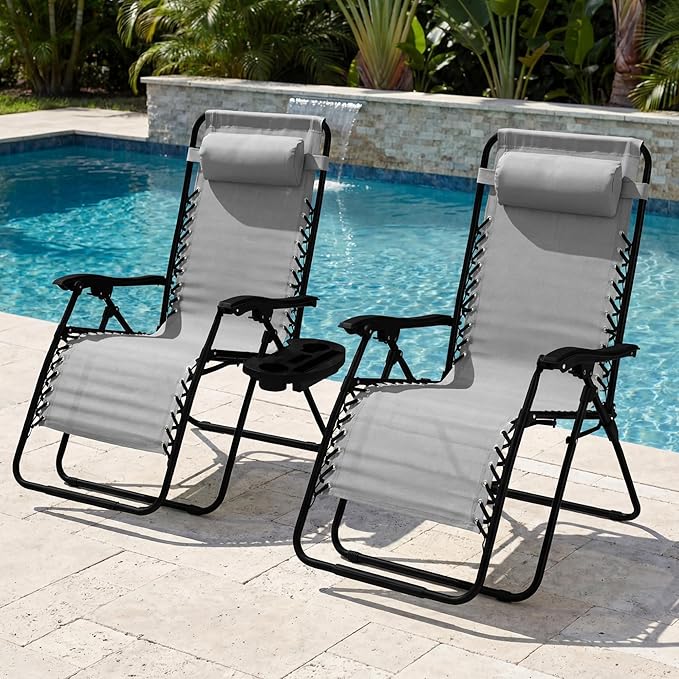 Best Choice Products Set of 2 Extra Wide Adjustable Steel Mesh Zero Gravity Lounge Chair Recliners w/Pillows and Cup Holder Trays - Ice Gray - Image 2