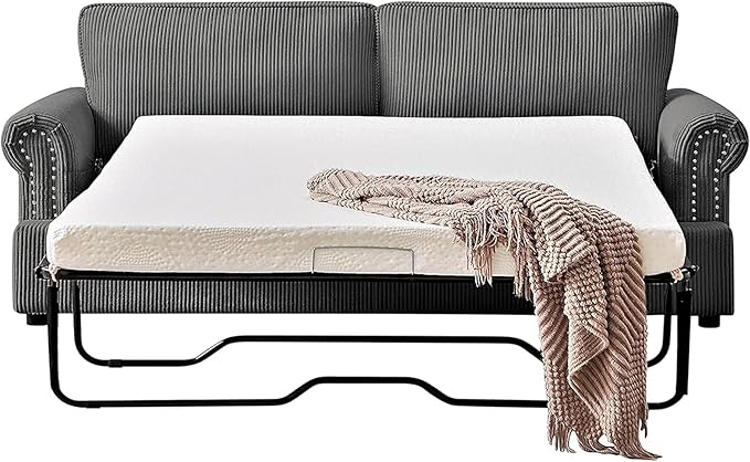 Reversible Sleeper Sofa Bed with Comfortable Memory Foam Mattress, Convertible Corduroy Full Size Pull Out Couch for Living Room, Space Saving Furniture, 76" Wide, Rounded Arms, Grey