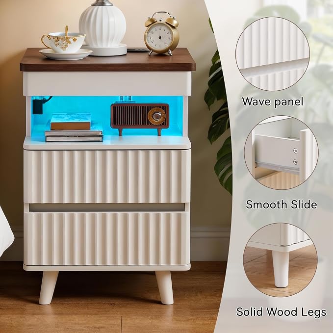 Eifizek Fluted Nightstand with LED Light & Charging Station, Modern Bed Side Table with 2 Storage Drawers & Open Shelf, Wooden End Table with Concealed Drawer for Bedroom, Living Room, White - Image 7