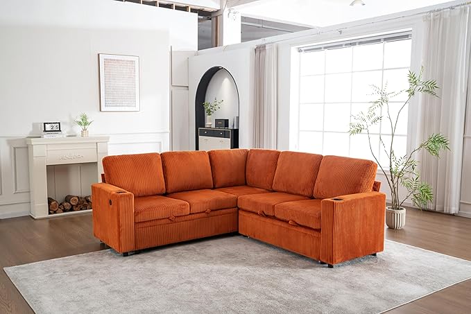 Eafurn 84" Sectional Sleeper Sofa with Pull Out Bed, L-Shaped Modular Corner Sofa with Hidden Storage, Cup Holders & USB Ports, Comfy Corduroy Fabric Convertible Couch for Living Room, Apartment | Breathable material, Side Pockets