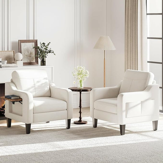 Accent Chair for Living Room Modern Linen Upholstered Armchair Side Wooden Fabric Sofa Chair with Foldable Table 2 Side Pockets Comfy Reading Chair for Bedroom