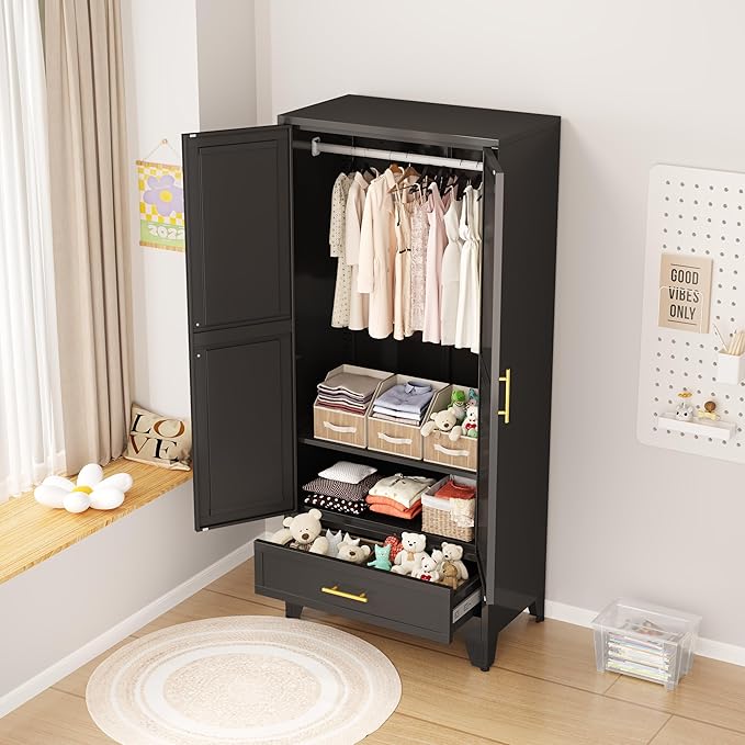 Ckzbx 71" H Metal Armoire Wardrobe Closet with Drawer, Adjustable Shelf, Clothes Drying Pole, Clothes Storage Closet for Bedroom (Black)