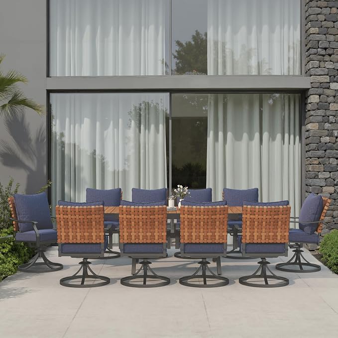 Grand patio 11-Piece Outdoor Dining Set, 10 Leather-Look Wicker Blue Swivel Patio Chairs & 1 Extendable Rectangular Dining Table, Brown - Image 2