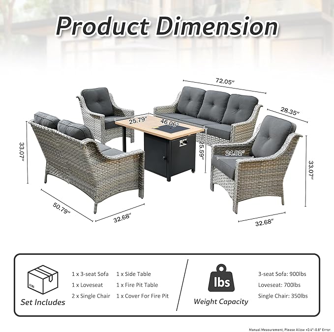HOOOWOOO 5 Piece Patio Set with Fire Pit Table, All Weather Resistant High Back Rattan Outdoor Furniture (Black)