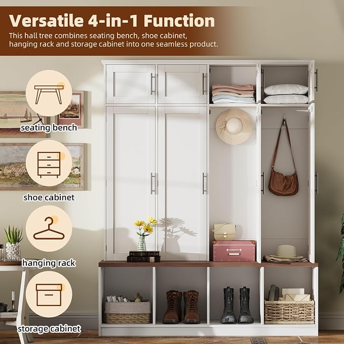 Hall Tree with Entryway Bench and Shoe Storage Compartments, Particle Board Multi-Functional Cabinet with 4 Hanging Hooks, White - Image 3