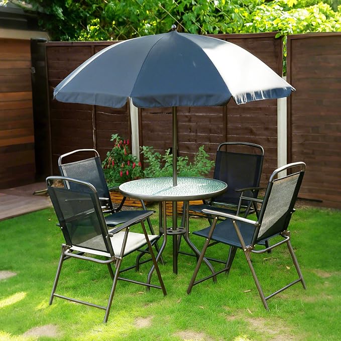 Outsunny 6 Piece Patio Dining Set for 4 with Umbrella, Outdoor Table and Chairs with 4 Folding Dining Chairs & Round Glass Table for Garden, Backyard and Poolside, Black and Coffee - Image 9
