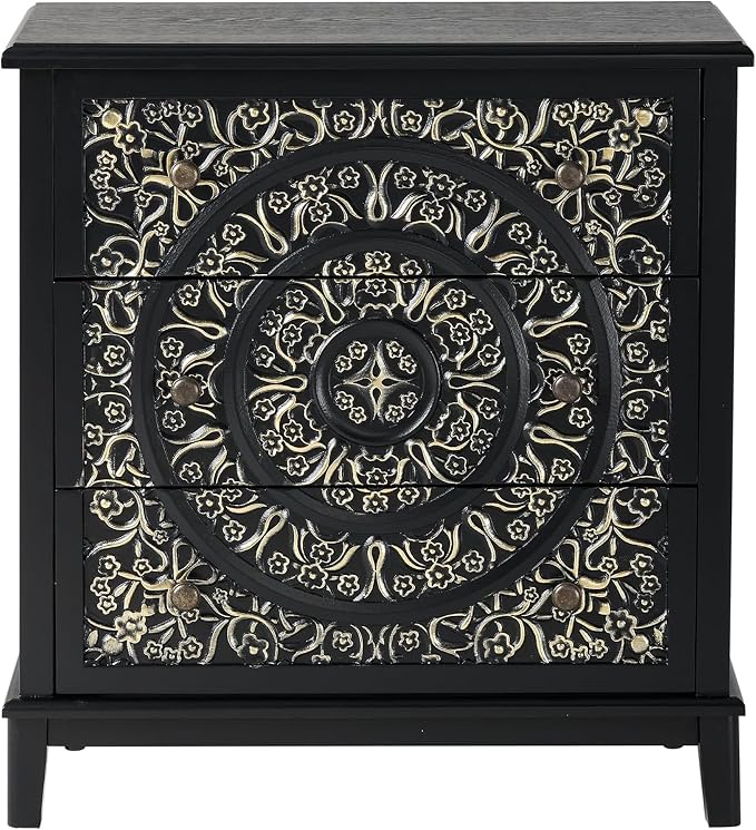 COZAYH 3-Drawer Fully-Assembled Flower Motif Dresser for French Country, Modern, Rustic Style, Distressed Finish, Gold & Black by COZAYH
