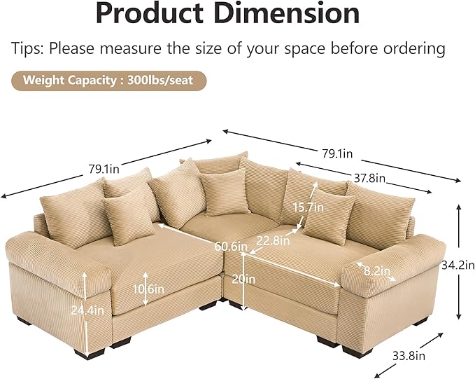 KEIKI 79" L-Shaped Oversized Corduroy Modular Cloud Sectional Sofa with High-Density Foam Cushion, Extra-Thick Armrest, Convertible 3-Seater Fluffy Corner Couch with 10 Pillow, for Living Room, Camel