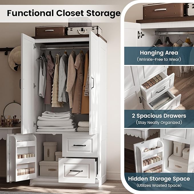 ANCTOR Wardrobe Closet with Drawers, 71.1" H Tall Wooden Armoire with 2 Doors and Hanging Rod for Hanging Clothes, Freestanding Wardrobe Storage Cabinet, Stand Alone Clothing Organizer Closet, White