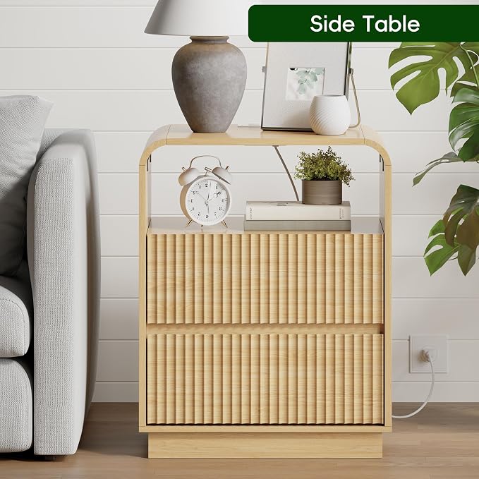 Wodeer Natural Oak Nightstand with Charging Station, Mid Century Modern Bedside Table & End Table, Fluted Wood Small Night Stand with 2 Hidden Drawers and Storage Shelf for Bedroom - Image 5