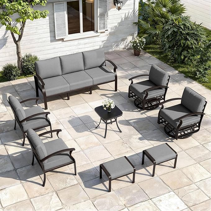 ALAULM Aluminum Patio Furniture Set with 2 Swivel Chairs 9-seat Metal Outdoor Furniture Patio Sectional Sofas Patio Conversation Set w/2 Ottomans for Patio, Backyard, Poolside-Grey