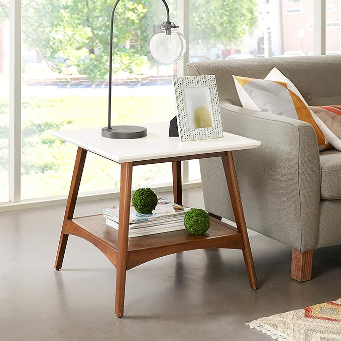 Madison Park Parker End Tables-Solid Wood, Two-Tone Finish with Lower Storage Shelf Modern Mid-Century Accent Living Room Furniture, Medium, Off-White/Pecan