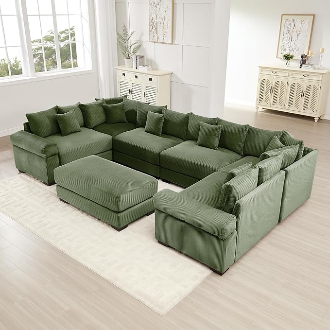KEIKI 138" U-Shaped Oversized Corduroy Modular Cloud Sectional Sofa with 1 Ottoman, High-Density Foam Cushion, Extra-Thick Armrest, 6-Seater Fluffy Corner Couch with 20 Pillow, for Living Room, Green