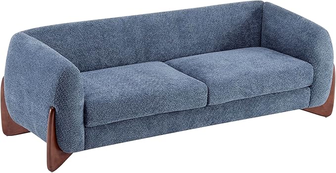 Merax 82 Inch Boucle Sherpa Sofa, Chenille Loveseat with Removable Cushions & Wood Legs, Modern Plush 3-Seater Couch for Living Room, Navy Blue