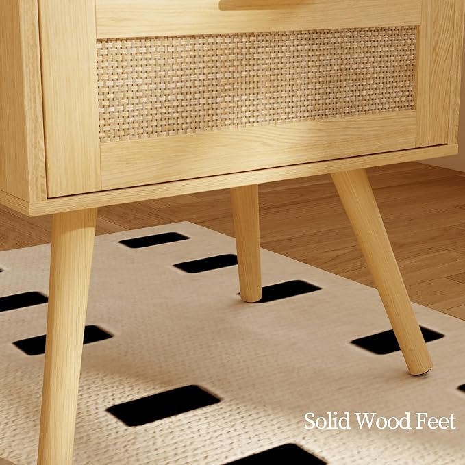 JOONEE Rattan Nightstand,Farmhouse Bedside Table with 2 Storage Drawer and Open Wood Shelf, for Bedroom and Small Spaces,Night Stand with Solid Wood Legs (Yellow Oak) - Image 7