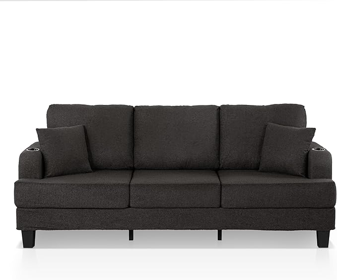 Homes: Inside + Out Reese Modern Plush Boucle Couch with Side Pockets, Cup Holders and USB Ports, Wooden Comfortable Sofa for Living Room, Bedroom and Office, Dark Grey