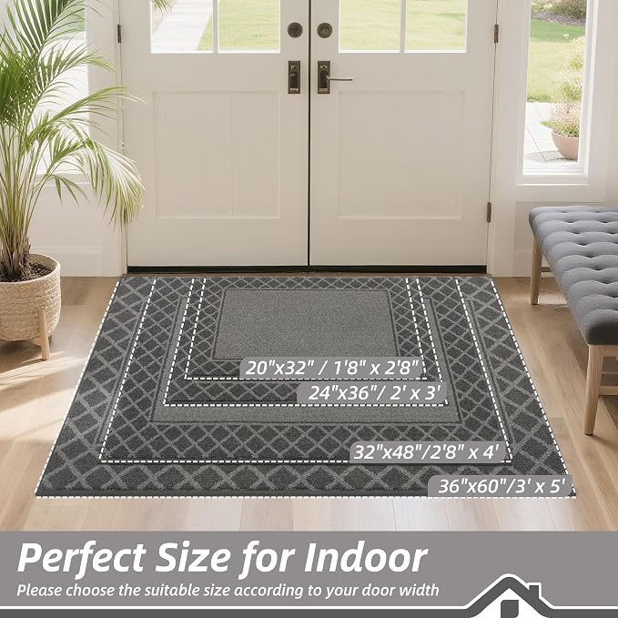 BEQHAUSE Door Mat Indoor Entrance Dirt Trapper Rugs for Entryway Non Slip Welcome Mat Absorbent Floor Mat Low Profile Washable Front Doormat for Dirty Paws, 24" x 36", Grey - Image 2